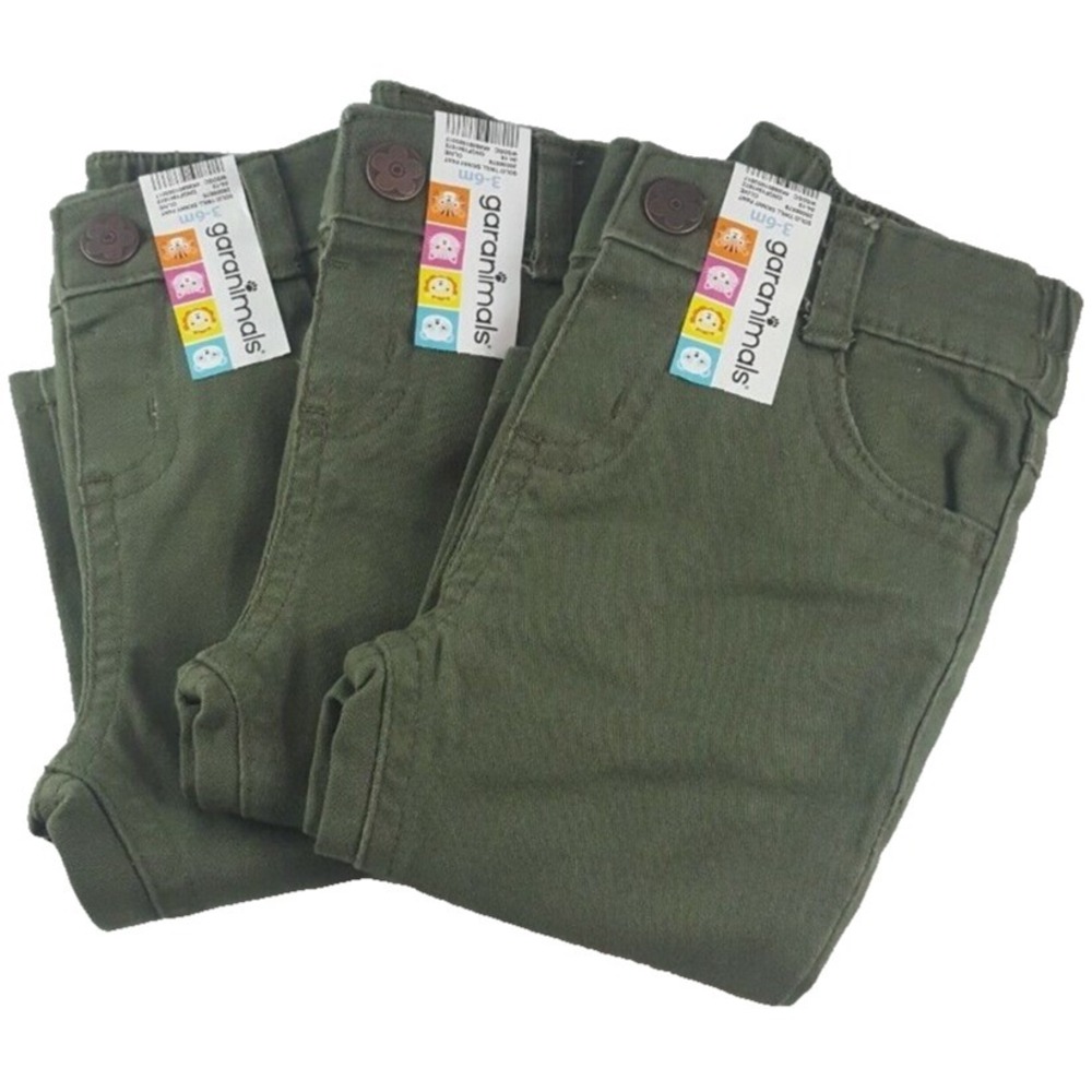Girls Olive Green Garanimals Twill Skinny Pants, Snap Button, 3-6 Months, 3 Pack